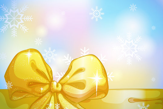 Horizontal holiday banner with a gold bow, snowflakes and sparks on a colorful background. Vector frame for congratulatory text.