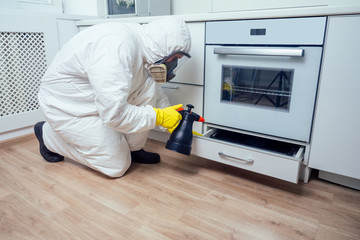 white Worker spraying pesticide on induction hob