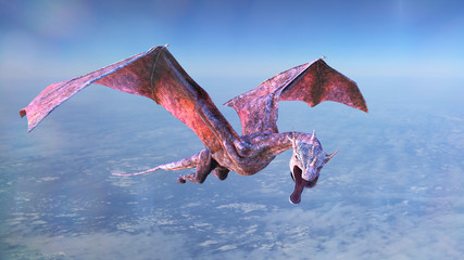 Fototapeta na wymiar giant dragon, mythical red creature is flying