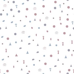 Geometric Seamless Pattern with tiny objects like triangles, polygons, arrows and balls on white. Modern Pastel Color Design. Repeating Pattern. Vector Illustration