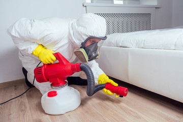 pest control worker lying on floor and spraying pesticides in bedroom