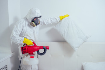 pest control worker lying on floor and spraying pesticides in bedroom