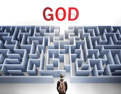 God can be hard to get - pictured as a word God and a maze to symbolize that there is a long and difficult path to achieve and reach God, 3d illustration