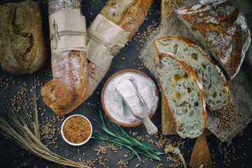 Bread products on the table in composition 