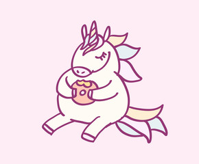 Cute cartoon character unicorn with rainbow hair eating donut, funny magical hand drawn vector illustration. Graphics art for print on t shirt, card.