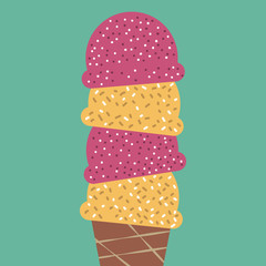 Helado en cono, fresa y vainilla. Ilustraci&oacute;n vectorial de verano.