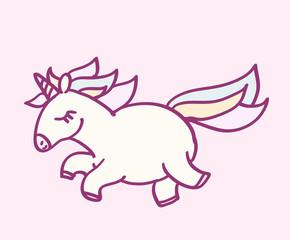 Cute cartoon character unicorn with rainbow hair running, funny magical hand drawn vector illustration. Graphics art for print on t shirt, card.