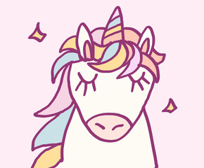 Cute cartoon character unicorn with rainbow hair and stars, funny magical hand drawn vector illustration. Graphics art for print on t shirt, card.