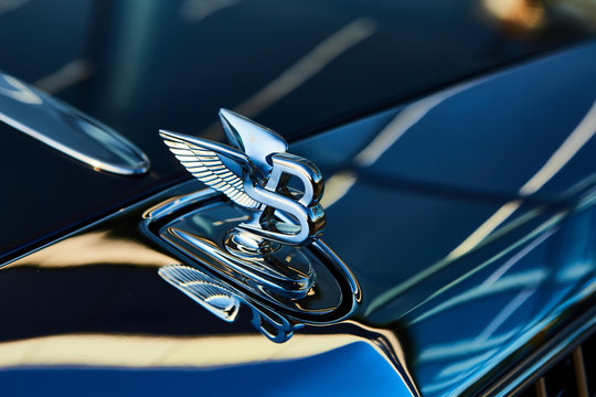 Kyiv, Ukraine - October 02, 2019: Bentley logo on the hood of Mulsanne. Mulsanne - launched in 2010 - is the only model of Bentley, carrying the Flying B distinctive hood ornament.