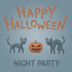 Hand drawn pumpkin and cats - vector illustration