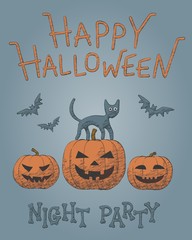 Sketch vector for Halloween - pumpkin, cat and bat