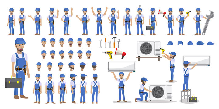 Technician repairing split air conditioner on a white background. Construction building industry, new home, construction interior. Cartoon character set vector illustration