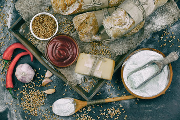 Bread products on the table in composition 