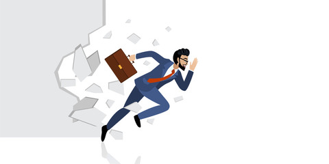 Breakthrough. Business concept with cartoon character. Manager breaking the wall or white background vector