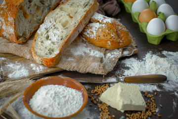 Bread products on the table in composition - close-upм