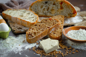 Bread products on the table in composition - close-upм