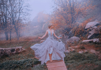Mysterious attractive elf in a luxurious lush purple dress walks against the backdrop of autumn...