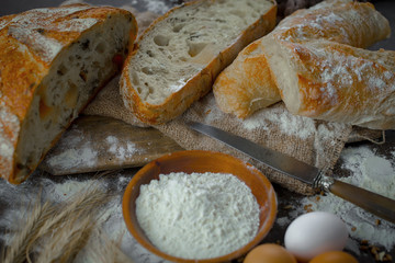 Bread products on the table in composition 