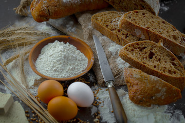 Bread products on the table in composition 