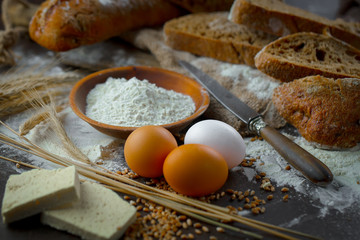 Bread products on the table in composition - close-upм