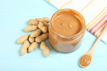 creamy peanut butter on the table. Peanut paste.