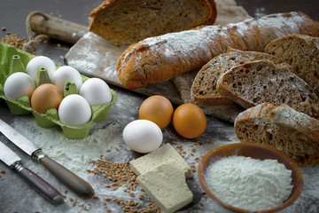 Bread products on the table in composition - close-upм