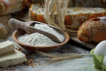 Bread products on the table in composition 
