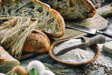 Bread products on the table in composition - close-upм