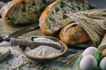 Bread products on the table in composition 