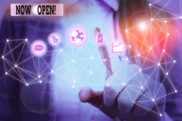 Writing note showing Now Open. Business concept for leave door or windows not closed or barred at this current time Picture photo system network scheme modern smart device