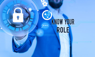 Handwriting text writing Know Your Role. Conceptual photo end acting outside who you actually are Play your position Male human wear formal work suit presenting presentation using smart device