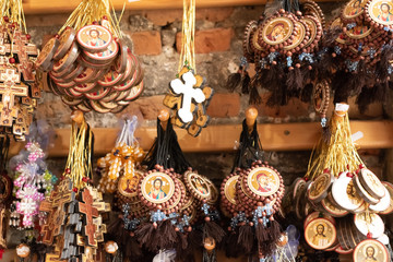 Bucovina, Romania, 15 September 2019 - Romanian souvenirs. Traditional clothing and accessories inside Romanian showroom souvenir shop in Bucovina region
