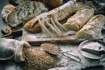 Bread products on the table in composition 