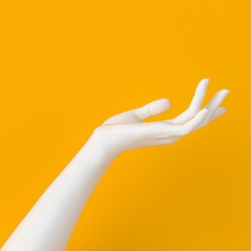 Showing hand. White open palm presenting gesture isolated on yellow background, female hand sculpture, art fashion concept, modern promo creative banner, 3d rendering,