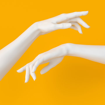Showing woman hand. Elegant white female hand gesture pointing to something isolated on yellow, 3d rendering.