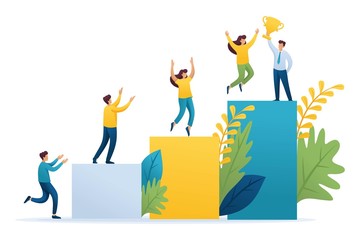 Young entrepreneurs, start up project, successful business, ladder to success. Flat 2D character. Concept for web design © elizaliv