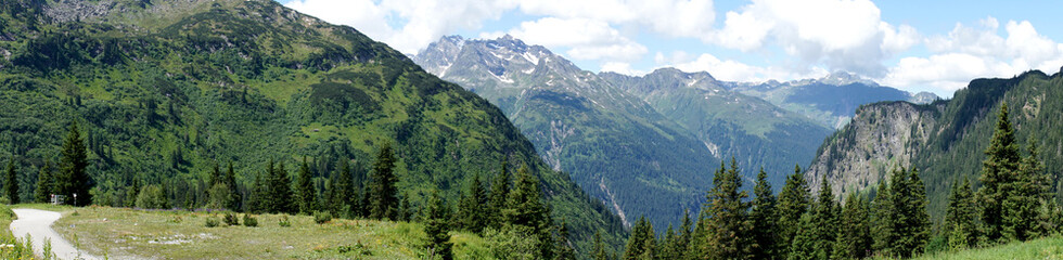 Fototapeta na wymiar Panorama der Alpen in Vorarlberg, Österreich. Blick auf Berggipfel mit kleinen Schneefeldern, steile Felswände und ins Tal