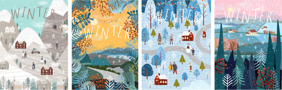 Winter! Vector cute illustrations of nature, landscape, houses, trees, family and people for a  New Year and Christmas background.