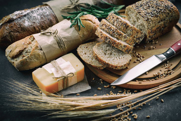 Bread products on the table in composition 