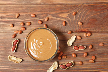 creamy peanut butter on the table. Peanut paste.