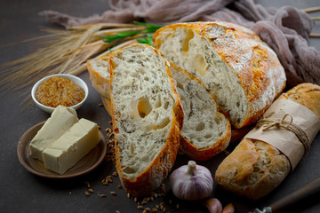 Bread products on the table in composition 