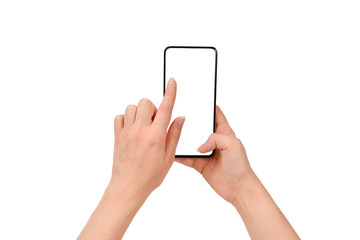 Smart phone in woman hands isolated on white background.  White screen. Copy space.
