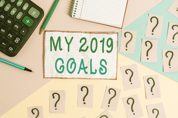 Handwriting text My 2019 Goals. Conceptual photo setting up demonstratingal goals or plans for the current year Mathematics stuff and writing equipment above pastel colours background