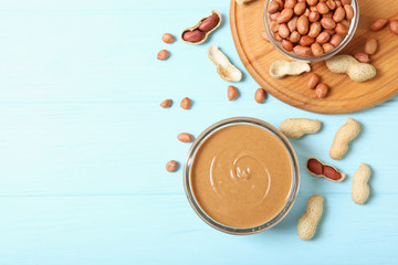 Fototapeta na wymiar creamy peanut butter on the table. Peanut paste.