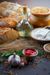 Bread products on the table in composition 