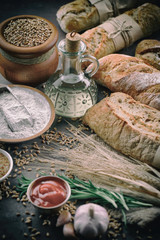 Bread products on the table in composition - close-up