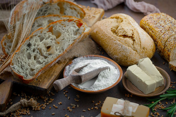 Bread products on the table in composition 