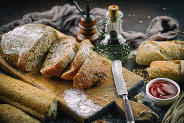 Bread products on the table in composition 