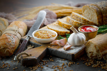 Bread products on the table in composition 