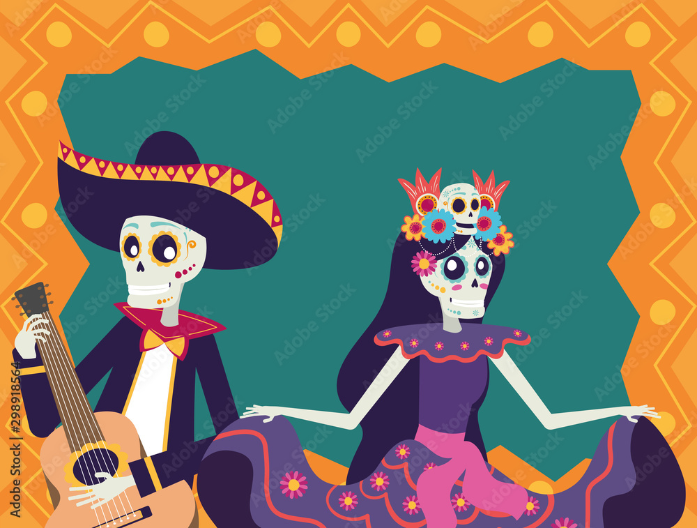 Poster dia de los muertos card with mariachi playing guitar and catrina